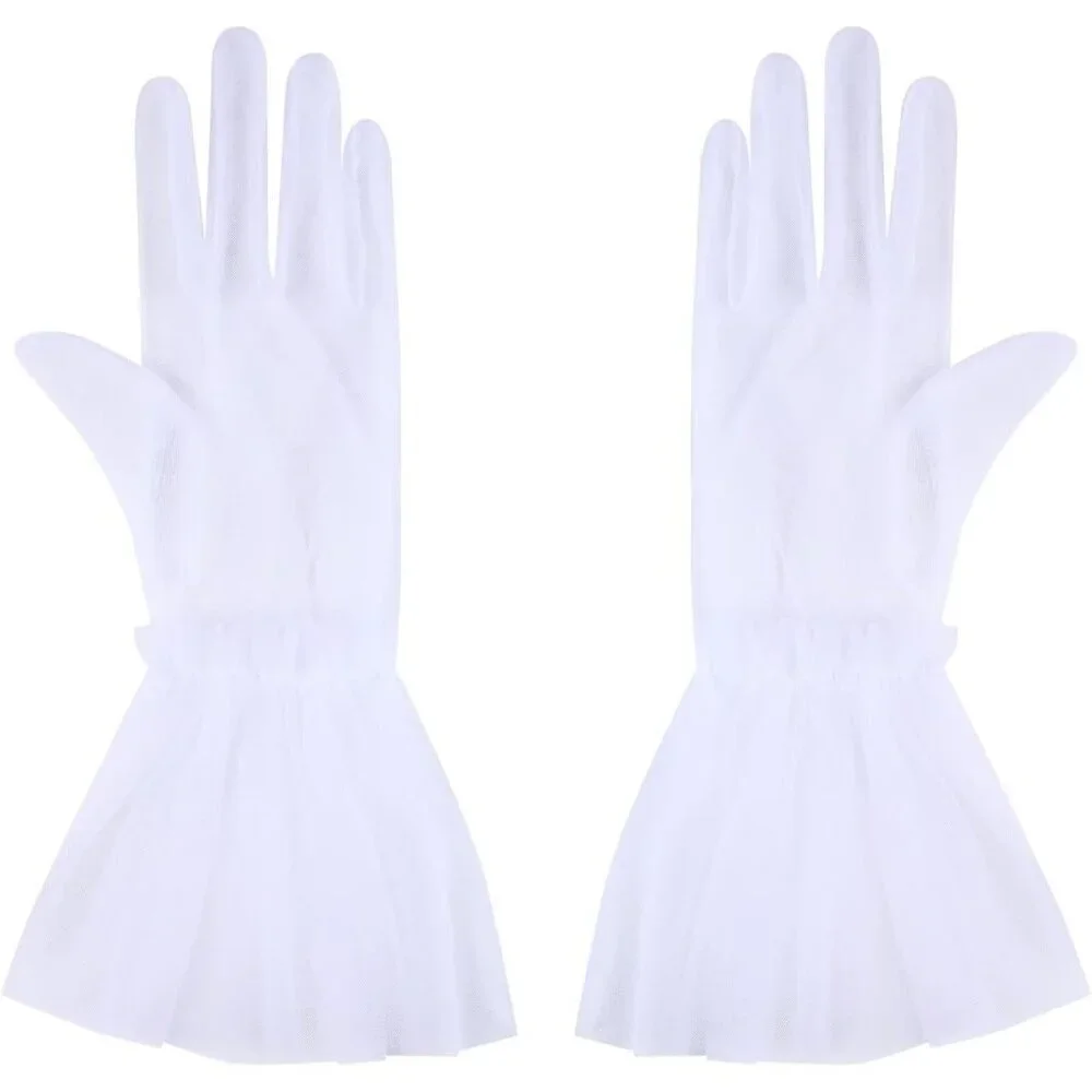 Women's Puffy Ruffle White Tulle Sheer Mesh Party Prom One Size Short Gloves